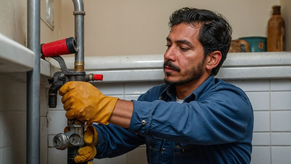 Plumber in a blue shirt and yellow gloves working on pipework beside a bath