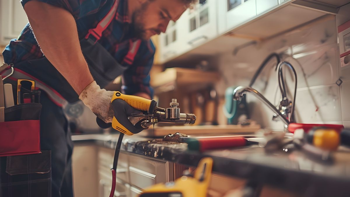 Plumber kneeling to work on the waste pipe under a wall-hung basin, tool box open