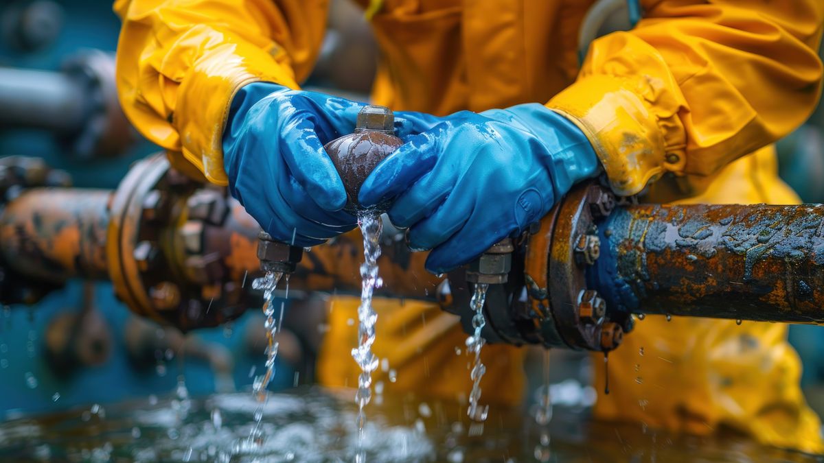Worker in protective gear attending to a pipe repair