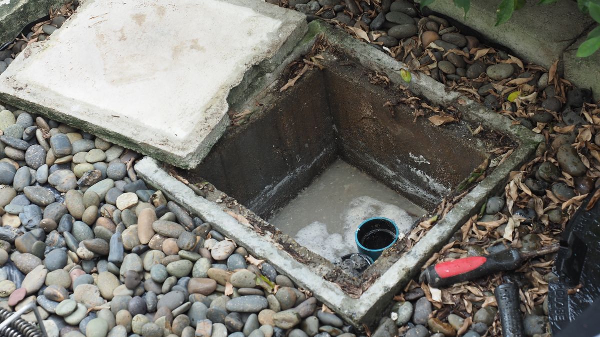 Plumber clearing a clogged grease trap, with sludge visible in the open chamber