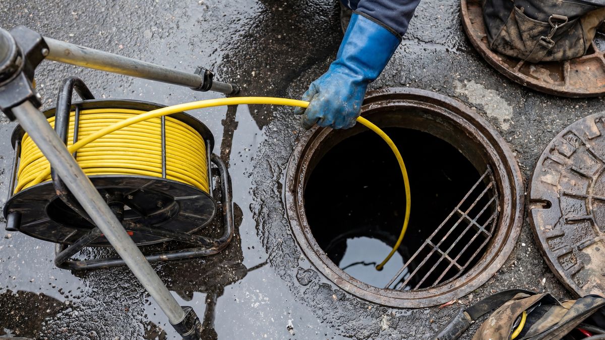 Plumber guiding a flexible inspection camera into a drain line to examine the pipe
