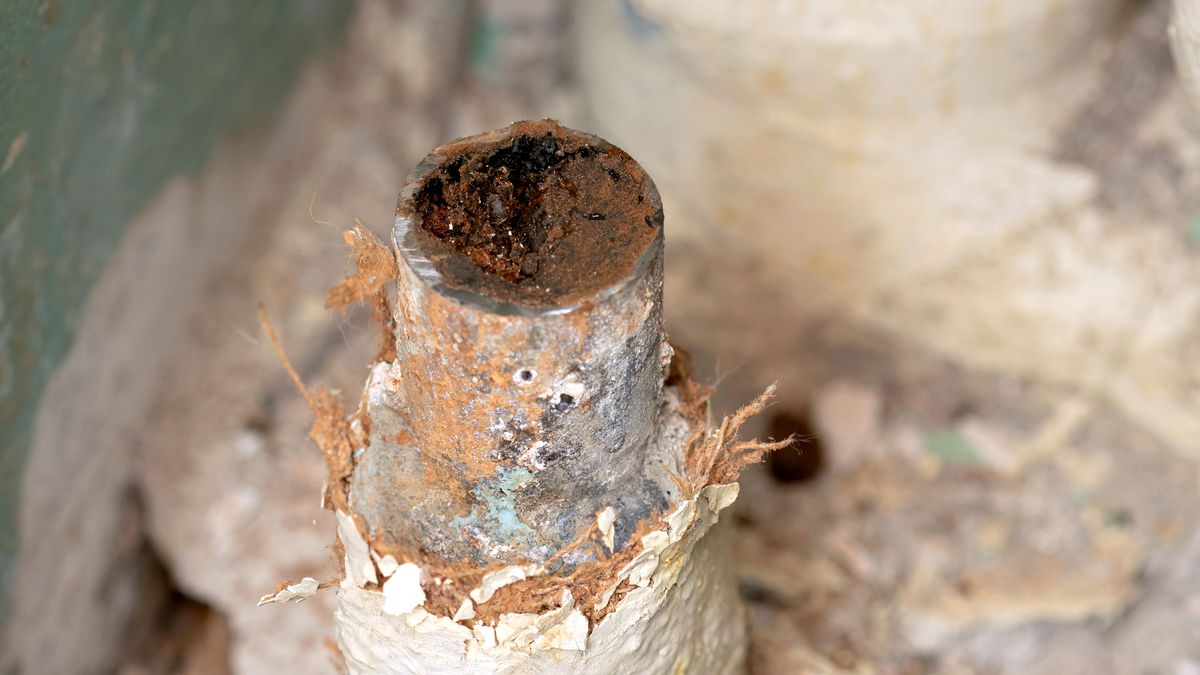 Cut end of an old metal pipe heavily narrowed by rust and scale build-up