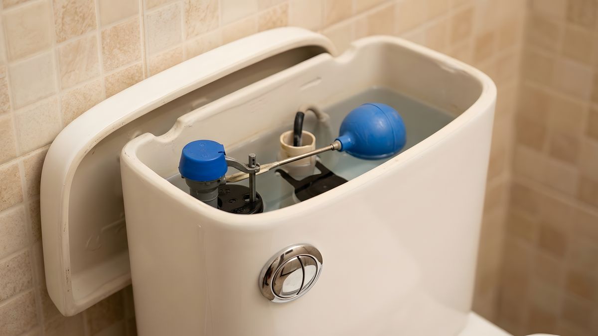 Open toilet cistern showing the float valve and internal flush mechanism