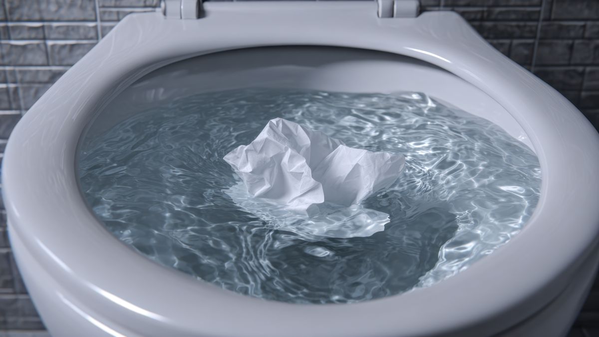 Water swirling in a white toilet bowl as tissue is flushed away